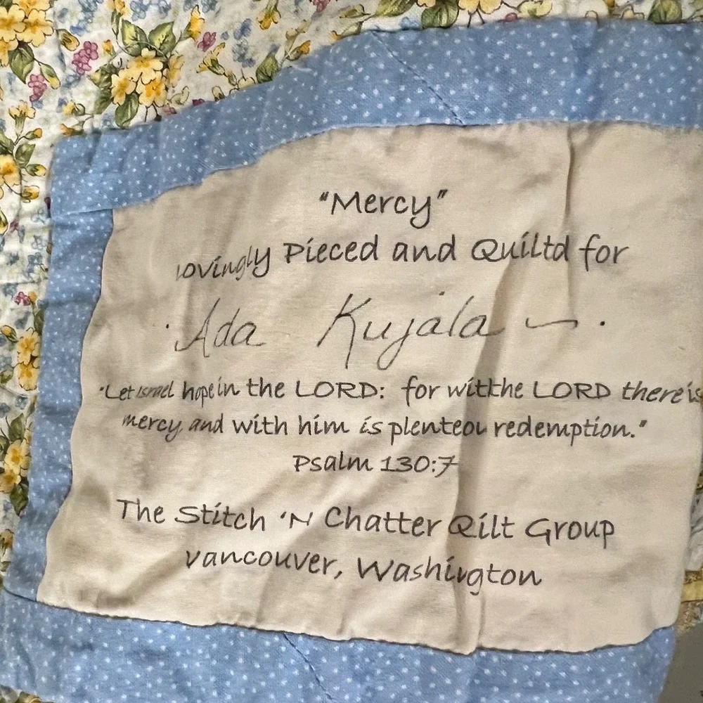 Handmade Yellow Patchwork Quilt Blue Floral Reversible Tea Cup Throw 42x66